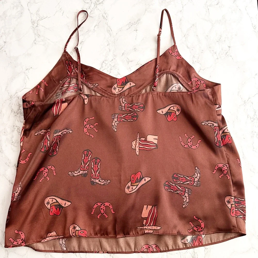 Midnight Bakery Spaghetti Strap Western Print Brown Satin Camisole Size Medium